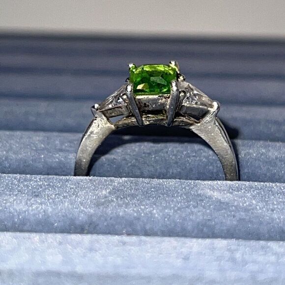 Tourmaline & Crystal Three Stone Ring Emerald Cut Stamped 925 Silver Size 81/2 - Picture 2 of 10